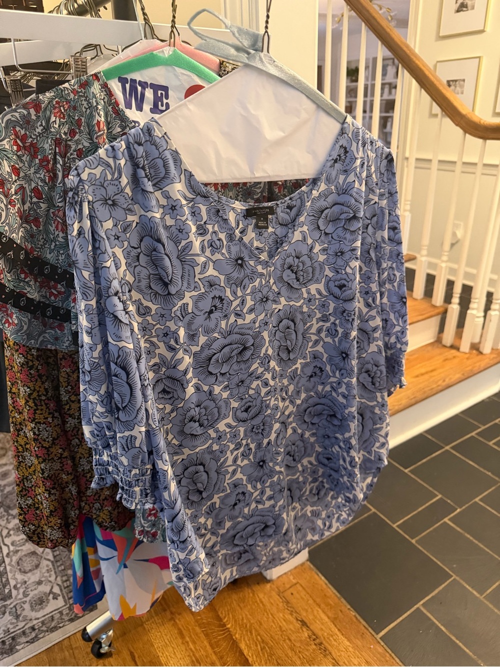 Floral Blue Scoop Neck Women's Top